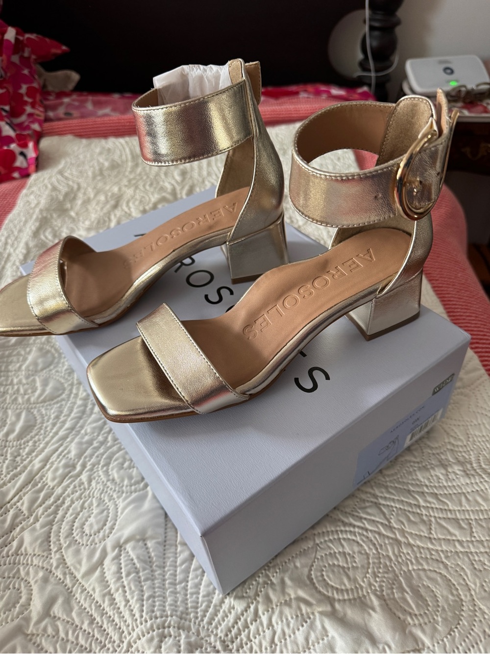 AEROSOLES Metallic Gold Buckle Block Heel Sandals